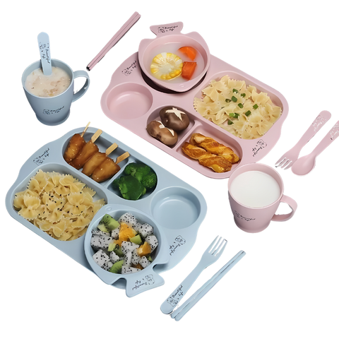 Kit de Talheres e Pratos Infantis com 6 Peças - Conjunto de Jantar com Tema de Desenhos Animados, Antitérmico para Treinamento Alimentar